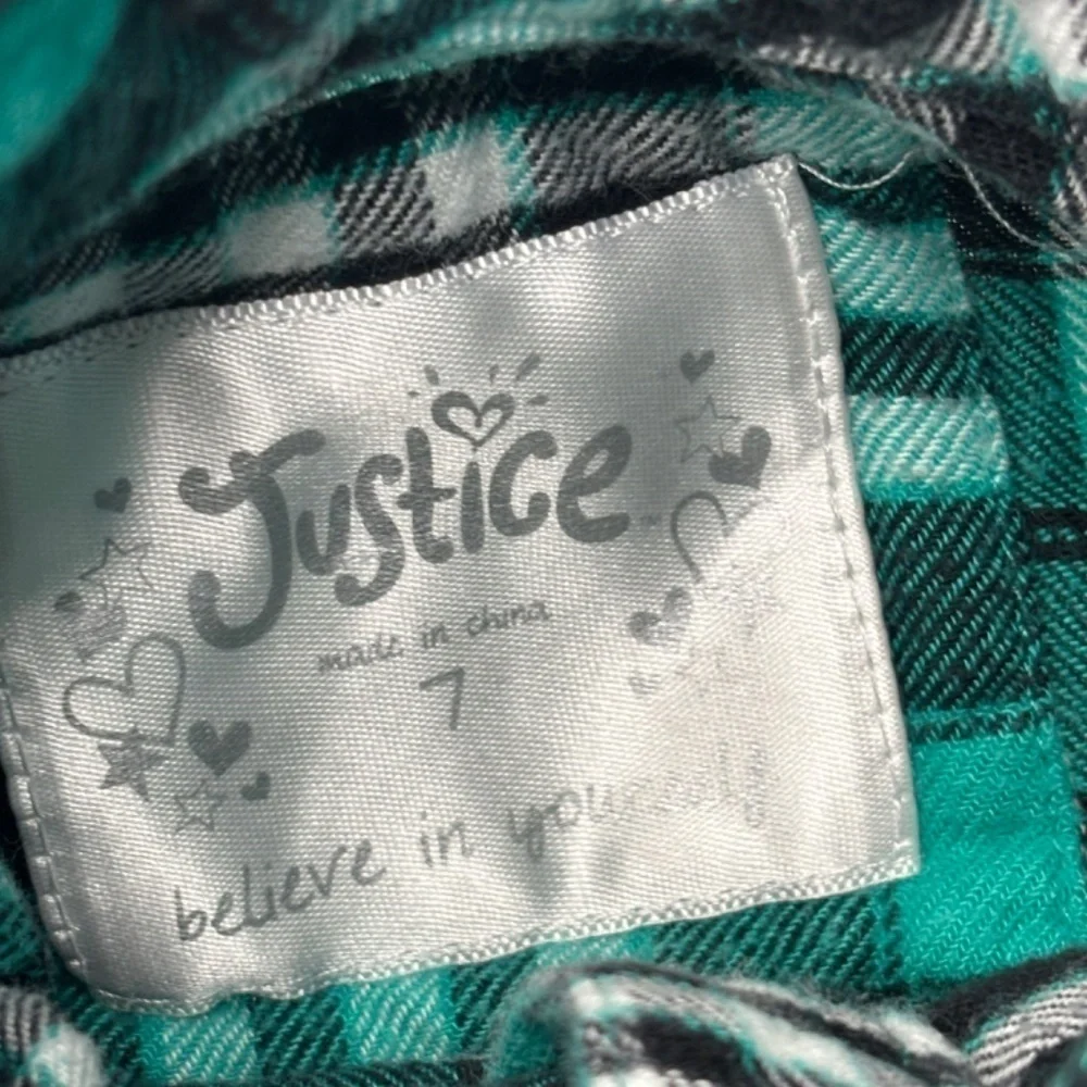 Justice Girls Top Size 7 Teal Black White Plaid Long Sleeve Button Down Shirt